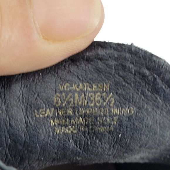 Vince Camuto Ankle Booties 6.5 Black Leather Suede Stacked Block Heel Peep Toe - Picture 9 of 11